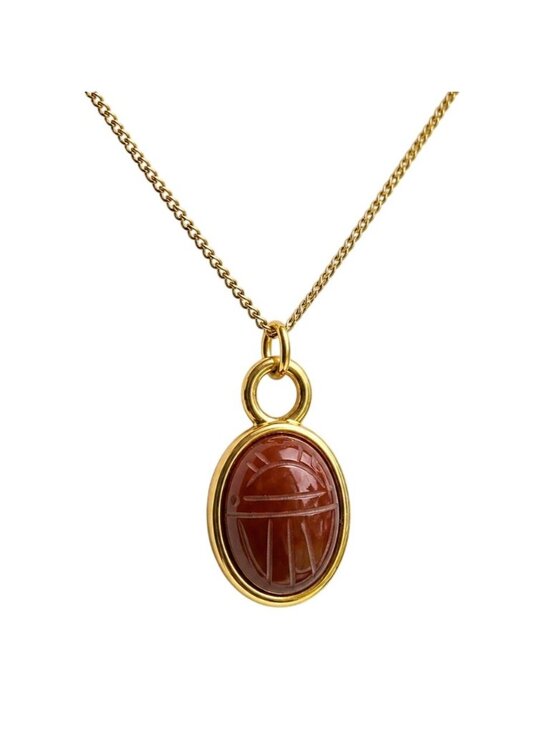 Sakura Vintage Jewelry - Vintage Amber Gold Scarab Necklace Genuine Stone Pendant 1970s